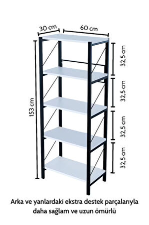 5 Katlı Metal Gövdeli Kitaplık – Çok Amaçlı Düzenleyici Raf Ünitesi, Ofis ve Salon Kitaplık, Dekoratif Saklama Rafı (60x30x153 cm)
