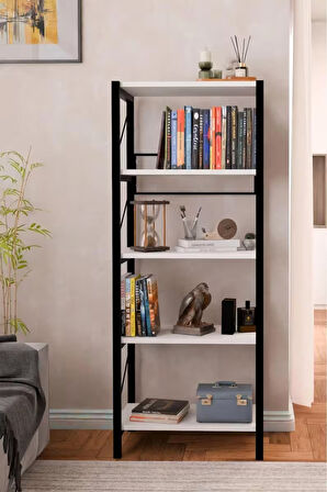 5 Katlı Metal Gövdeli Kitaplık – Çok Amaçlı Düzenleyici Raf Ünitesi, Ofis ve Salon Kitaplık, Dekoratif Saklama Rafı (60x30x153 cm)