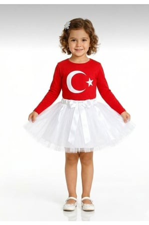 Kız Çocuk 23 Nisan 29 Ekim Gösteri Kıyafeti Kırmızı Uzun Kol Ayyıldız T-shirt Beyaz Tütü Etek Takım