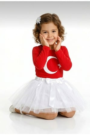 Kız Çocuk 23 Nisan 29 Ekim Gösteri Kıyafeti Kırmızı Uzun Kol Ayyıldız T-shirt Beyaz Tütü Etek Takım