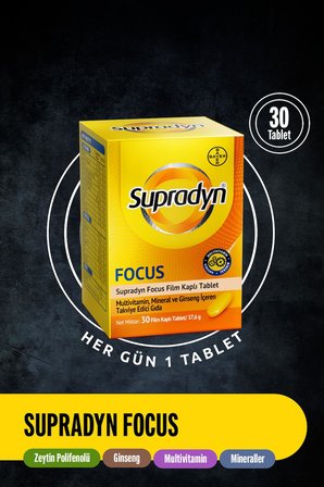 Supradyn Focus 30 Film Kaplı Tablet| Zeytin Polifenolü, Ginseng, Multivitamin ve Mineral İçeren Takviye Edici Gıda