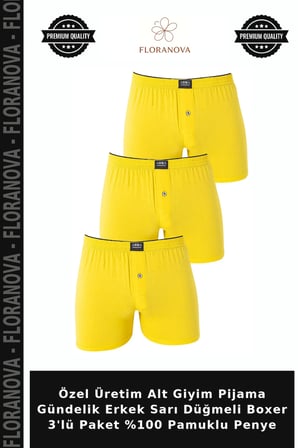 Özel Üretim Alt Giyim Pijama Gündelik Erkek Sarı Düğmeli Boxer 3'lü Paket %100 Pamuklu Penye