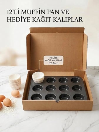 METAL YAPIŞMAZ MUFFİN KEK KALIBI (KAĞIT KEK KALIBI HEDİYE)12 BÖLMELİ 