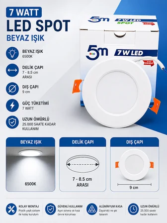 7 Watt Beyaz Led Spot, Güçlü Işıklı Led, 