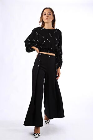 Modatalika Kadın Günlük Çengeli İğne Desenli Siyah Bluz