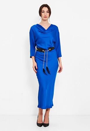 MODATALİKA Kadın Kemer Hediyeli Saten Elbise