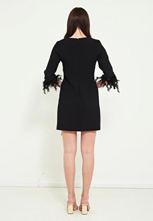 Modatalika Kadın Midi Boy Kolu Tüy Detaylı Elbise