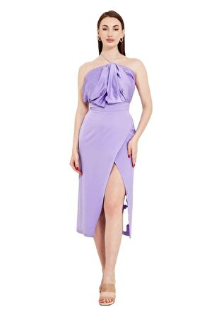 Modatalika Boyundan Zincir Bağlamalı Yırtmaçlı Midi Boy Elbise