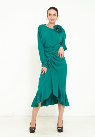 Modatalika Kadın Önden Büzgülü Uzun Kol  Midi Elbise