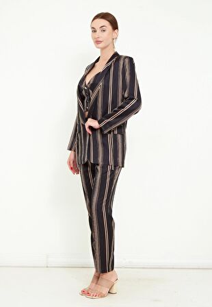 Modatalika Kadın Saten Kumaş Dijital Çizgi Baskılı Üçlü Takım