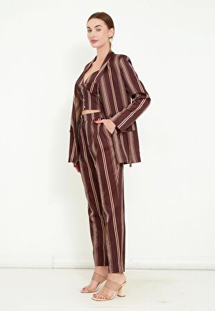 Modatalika Kadın Saten Kumaş Dijital Çizgi Baskılı Üçlü Takım