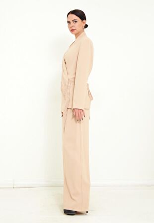 Modatalika Kadın Pantolon Uzun Kollu Ceket Püskül Detaylı Şık İkili Takım