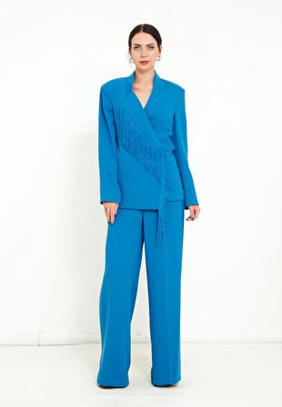 Modatalika Kadın Pantolon Uzun Kollu Ceket Püskül Detaylı Şık İkili Takım