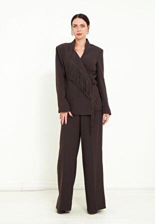 Modatalika Kadın Pantolon Uzun Kollu Ceket Püskül Detaylı Şık İkili Takım