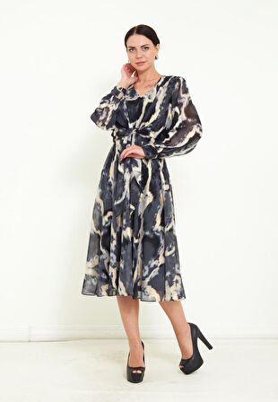 Modatalika Kadın Şifon Kumaş Dijital Gold Varak Baskı Detaylı Midi Elbise