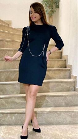 Modatalika Scuba Kumaş Aksesuar Detaylı Mini Tasarım Elbise