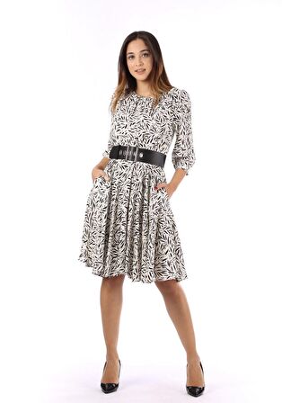 Modatalika Kadın Dokuma Kumaş Dijital Baskı Kemer Aksesuar Detaylı Midi Elbise