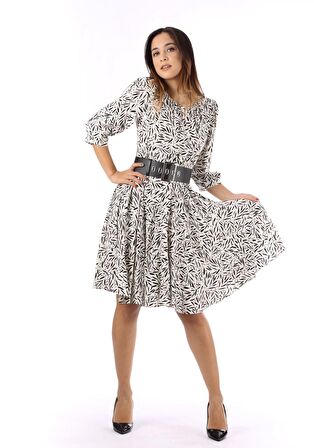 Modatalika Kadın Dokuma Kumaş Dijital Baskı Kemer Aksesuar Detaylı Midi Elbise