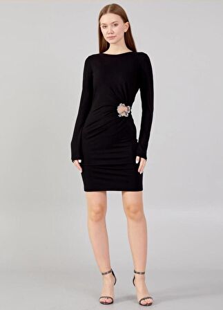 Modatalika Kadın Mini Taş Detaylı Uzun Kol Şık Mini Elbise