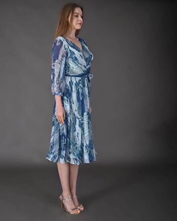 Modatalika Kadın Midi Boy Şifon Desenli Truvakar Kol Yeni Sezon Elbise