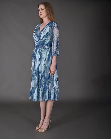 Modatalika Kadın Midi Boy Şifon Desenli Truvakar Kol Yeni Sezon Elbise