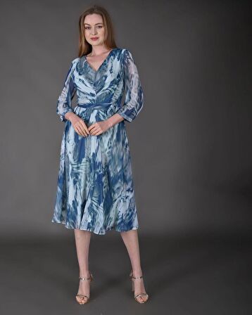 Modatalika Kadın Midi Boy Şifon Desenli Truvakar Kol Yeni Sezon Elbise