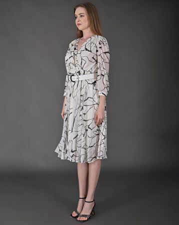 Modatalika Kadın Midi Boy Desenli Truvakar Kol Kemer Detaylı Yeni Sezon Elbise