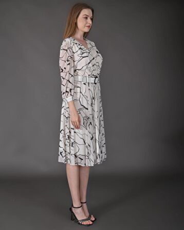 Modatalika Kadın Midi Boy Desenli Truvakar Kol Kemer Detaylı Yeni Sezon Elbise