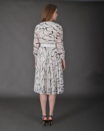 Modatalika Kadın Midi Boy Desenli Truvakar Kol Kemer Detaylı Yeni Sezon Elbise