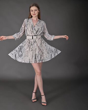 Modatalika Kadın Yeni Sezon Mini Boy Desenli Truvakar Kol Kemer Detaylı Mini Elbise