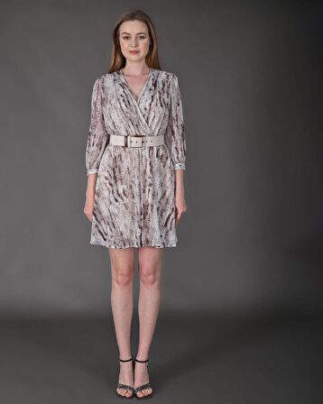 Modatalika Kadın Yeni Sezon Mini Boy Desenli Truvakar Kol Kemer Detaylı Mini Elbise