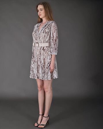 Modatalika Kadın Yeni Sezon Mini Boy Desenli Truvakar Kol Kemer Detaylı Mini Elbise