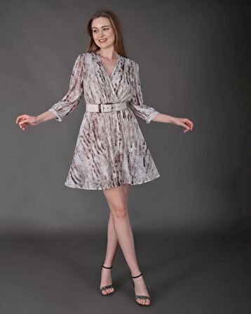 Modatalika Kadın Yeni Sezon Mini Boy Desenli Truvakar Kol Kemer Detaylı Mini Elbise