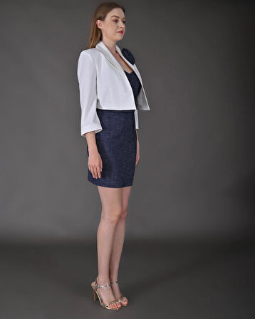 Modatalika Kadın Gül  Aksesuar Detaylı Blazer Ceket Ve Mini Denim Elbise