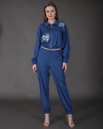 Modatalika Kadın Yeni Sezon Denim Ceket Taş Detaylı Pantolon Spor İkili Takım