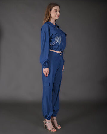 Modatalika Kadın Yeni Sezon Denim Ceket Taş Detaylı Pantolon Spor İkili Takım