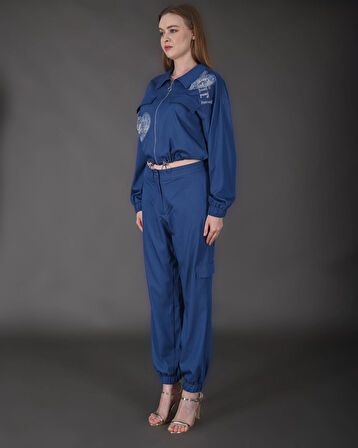 Modatalika Kadın Yeni Sezon Denim Ceket Taş Detaylı Pantolon Spor İkili Takım