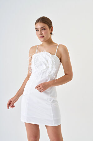 Modatalika Pamuk Saten Kumaş Mini Boy Gül Detaylı Askılı Abiye Elbise