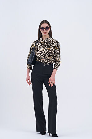 Trend Kadın Yeni İkili Takım Siyah Pantolon ve Zebra Desenli Bluz