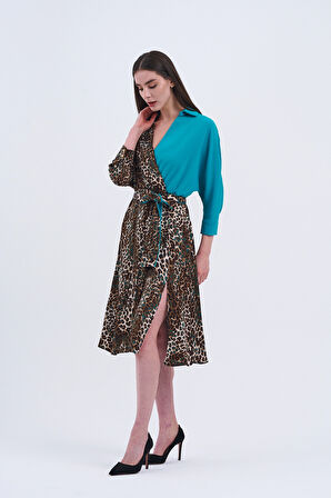 Trend Kadın Leopar desenli ve turkuaz detaylı şık elbisemiz!