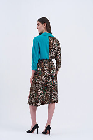 Trend Kadın Leopar desenli ve turkuaz detaylı şık elbisemiz!