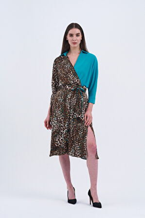 Trend Kadın Leopar desenli ve turkuaz detaylı şık elbisemiz!