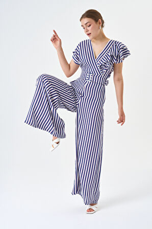 Fırfır Detaylı Bluz Ve Bol paça Pantolon Çizgili Kemerli Tulum