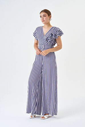 Fırfır Detaylı Bluz Ve Bol paça Pantolon Çizgili Kemerli Tulum