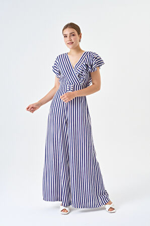 Fırfır Detaylı Bluz Ve Bol paça Pantolon Çizgili Kemerli Tulum