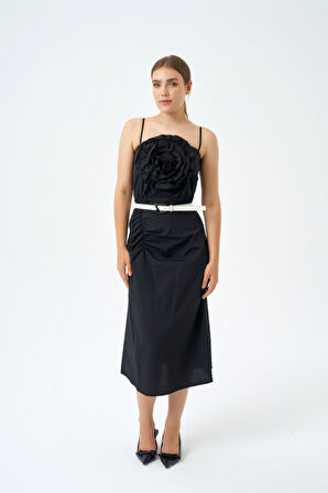 Trend Kadınl Yeni Sezon Pamuk Kumaş Midi Boy Gül Ve Kemer Detaylı Askılı Elbise