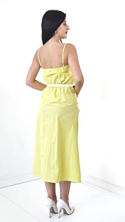 Trend Kadınl Yeni Sezon Pamuk Kumaş Midi Boy Gül Ve Kemer Detaylı Askılı Elbise