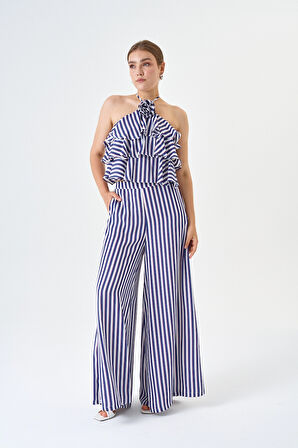 Trend Kadın Gül Detaylı Bluz Ve Bol Paça Pantolon Çizgili İkili Takım
