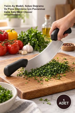 1 Adet Satır Kıyma Bıçağı – Yarım Ay Modeli, Sebze Doğrama Ve Pizza Dilimleme İçin Paslanmaz Çelik Satır/Meat Cleaver