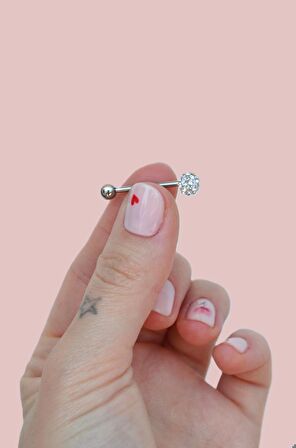 Taşlı Topçuklu Çelik Nipple Piercingi Bir Ucu Taşlı Göğüs Piercingi